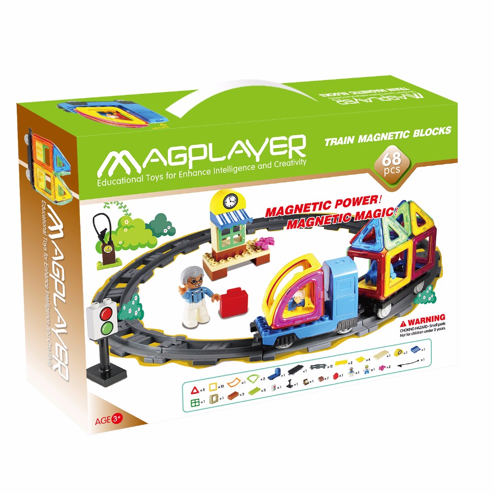 MAGPLAYER train magnetic blocks toy set packaging on a white background